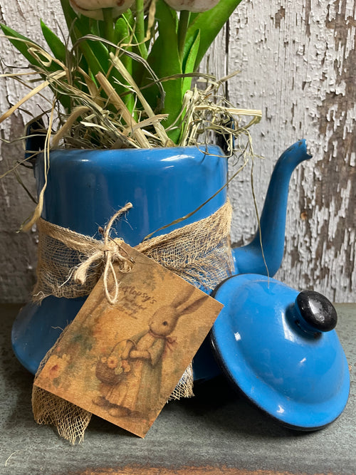 8 Primitive Tulips In Antique Tea Pot Gathering 11x8