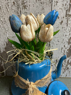 8 Primitive Tulips In Antique Tea Pot Gathering 11x8