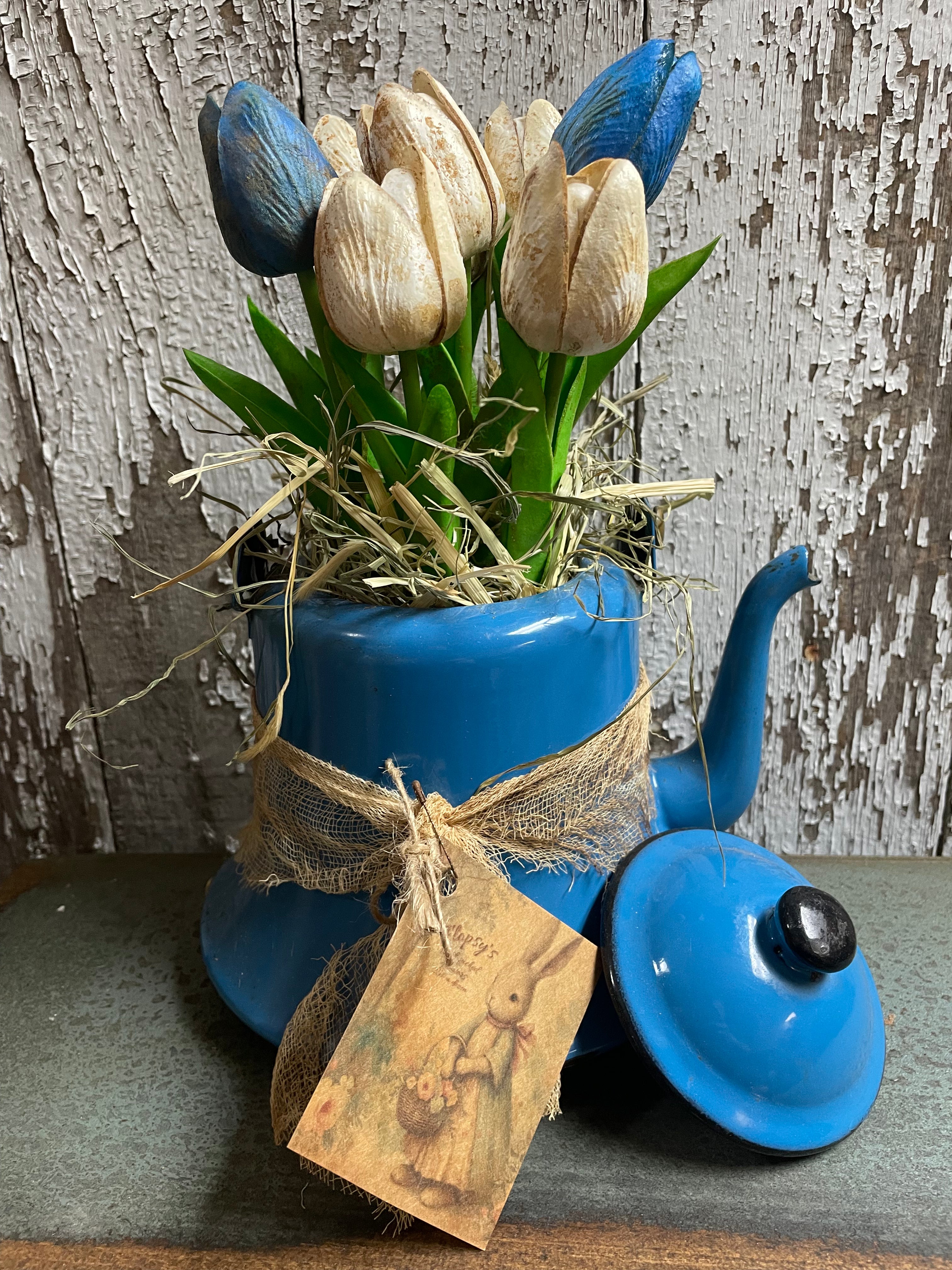 8 Primitive Tulips In Antique Tea Pot Gathering 11x8