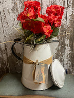 Primitive Geraniums In Antique Coffee Pot Gathering 17x10
