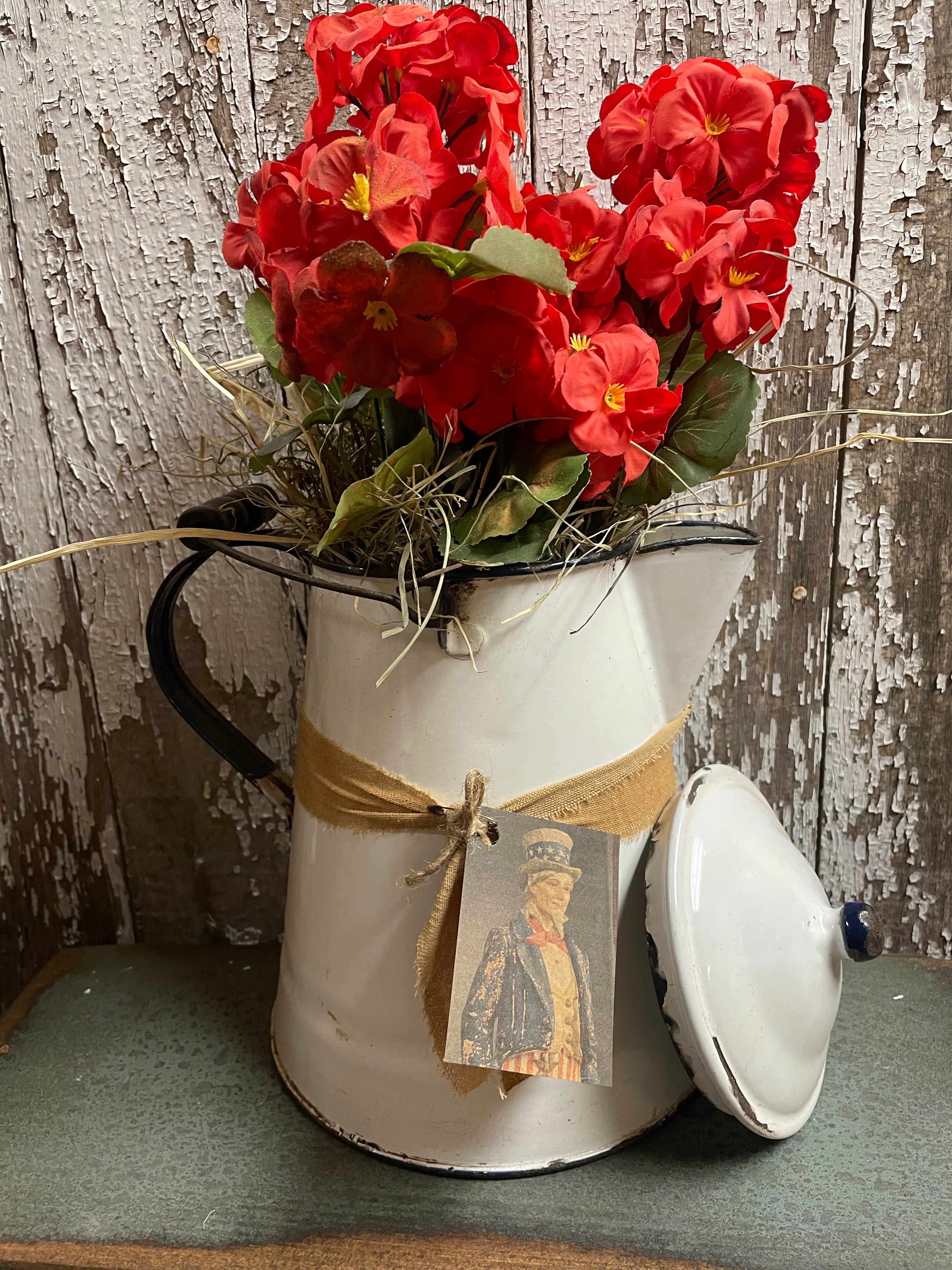 Primitive Geraniums In Antique Coffee Pot Gathering 17x10