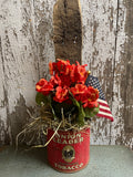 Primitive Grungy Geraniums In Antique Tobacco Can Wall Pocket 20x6