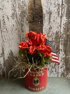 Primitive Grungy Geraniums In Antique Tobacco Can Wall Pocket 20x6