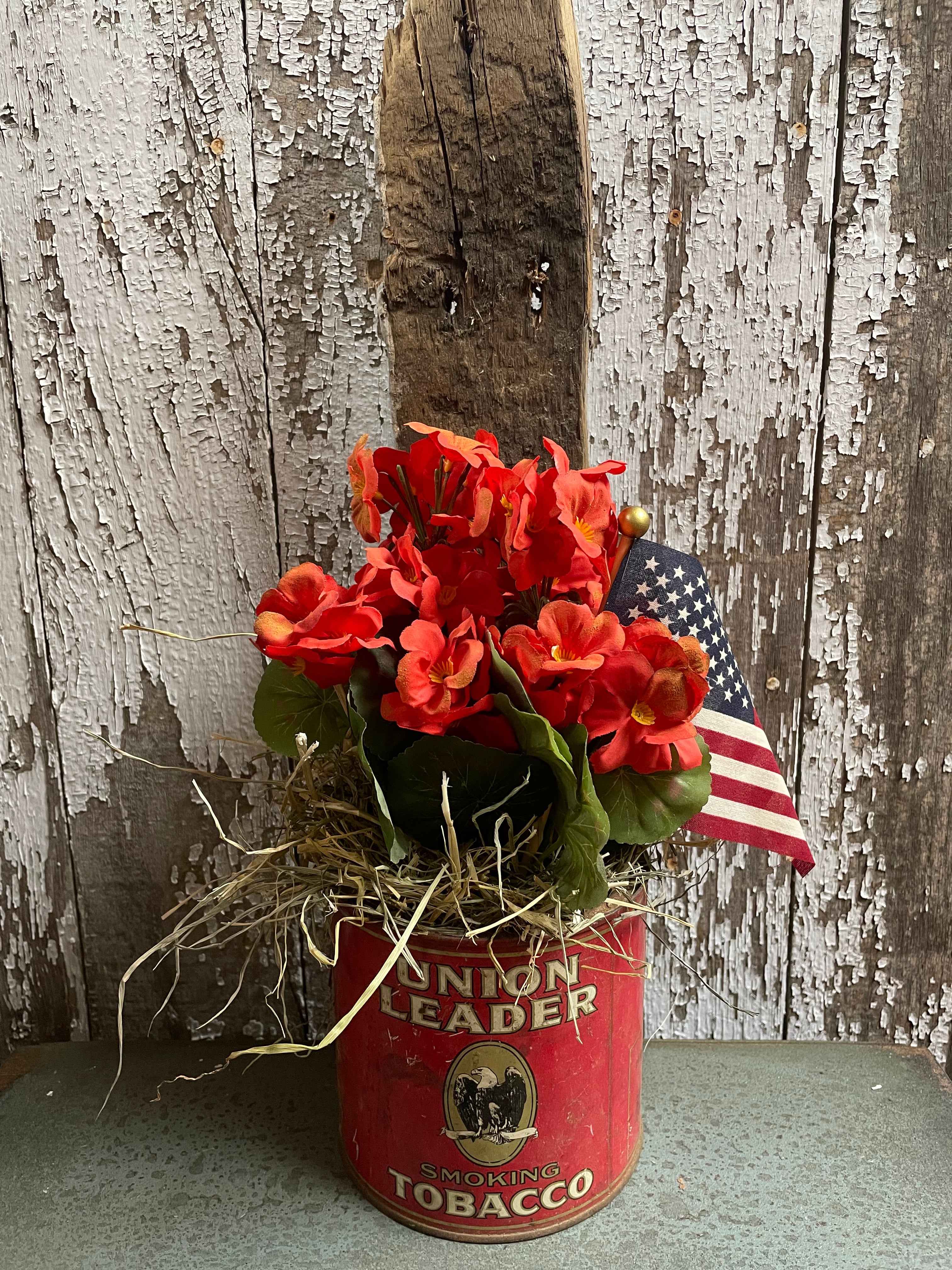 Primitive Grungy Geraniums In Antique Tobacco Can Wall Pocket 20x6