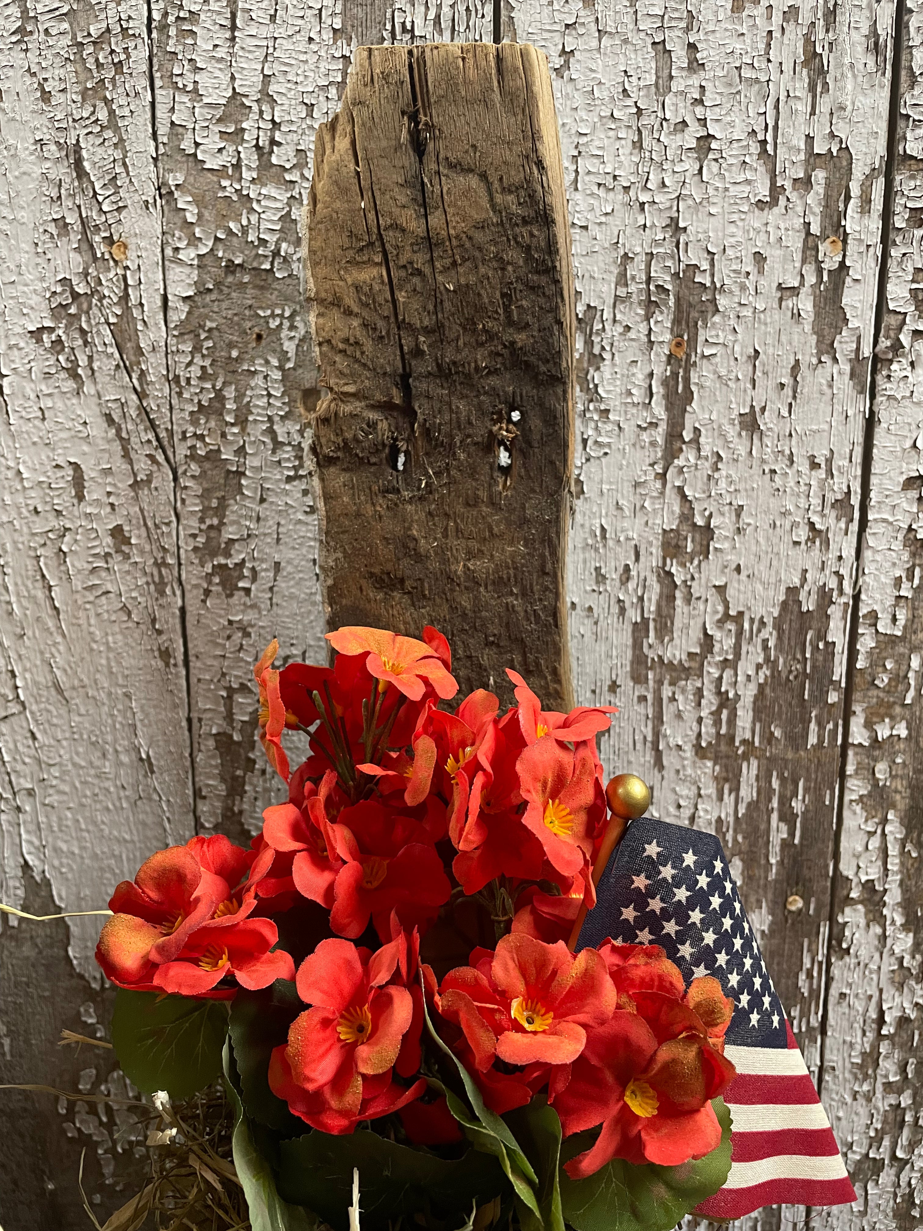 Primitive Grungy Geraniums In Antique Tobacco Can Wall Pocket 20x6