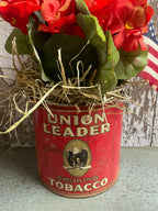 Primitive Grungy Geraniums In Antique Tobacco Can Wall Pocket 20x6