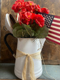 Primitive Geraniums In Antique Coffee Pot Gathering 15x9