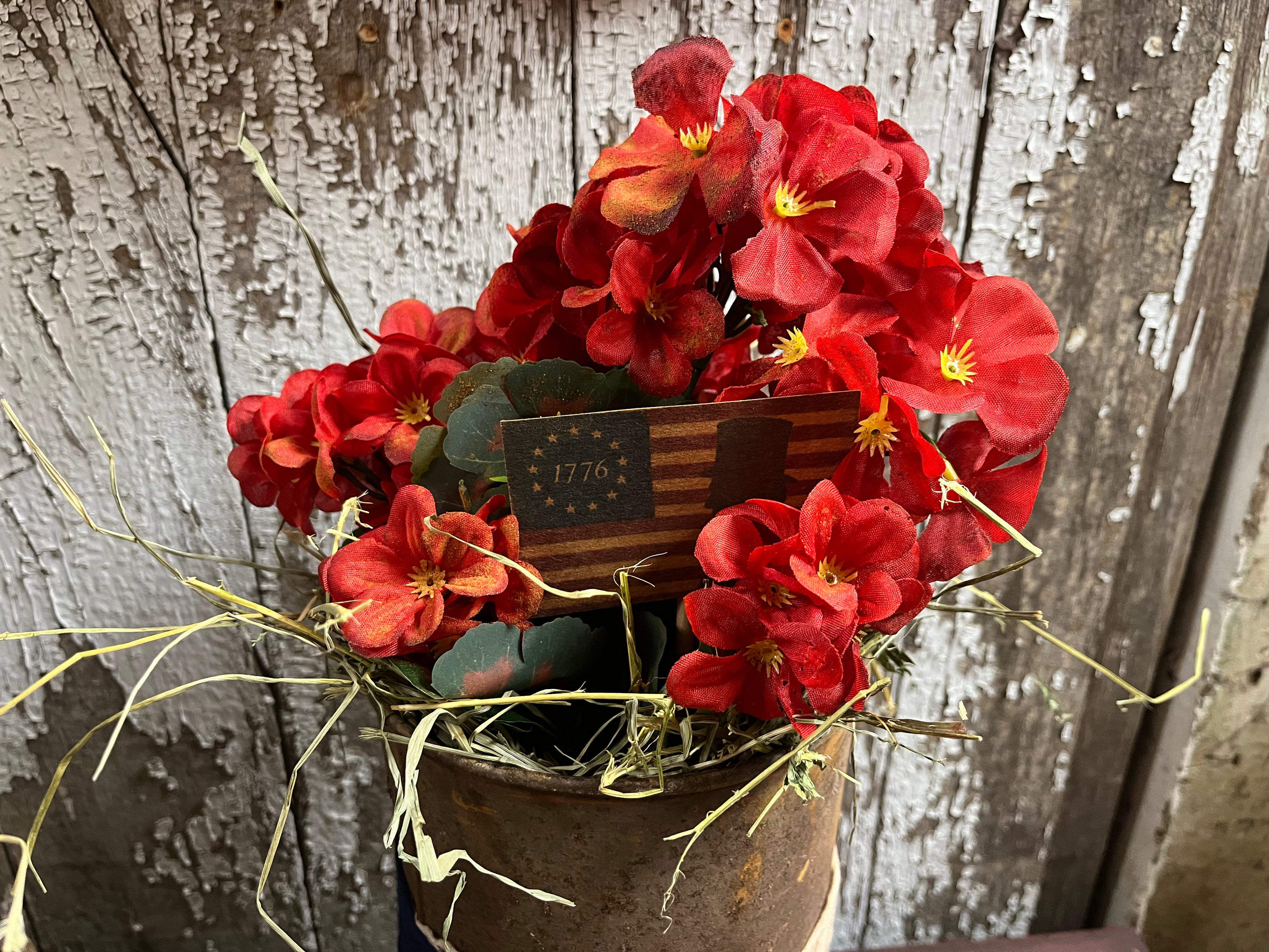 Primitive Geraniums In Antique Sap Bucket Gathering 15x5