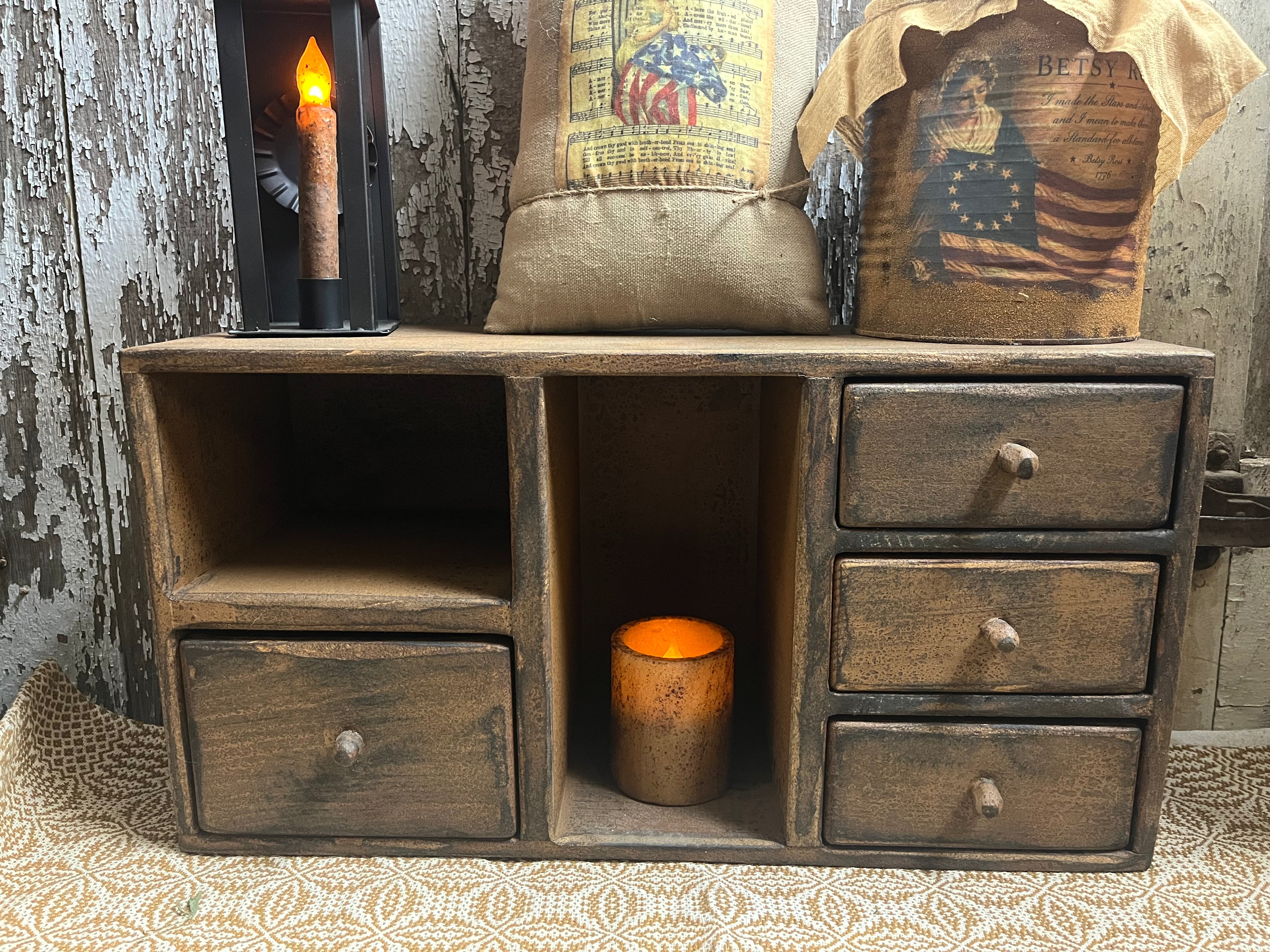 Primitive Wooden Four Drawer Cubby 21x11x7 Mustard