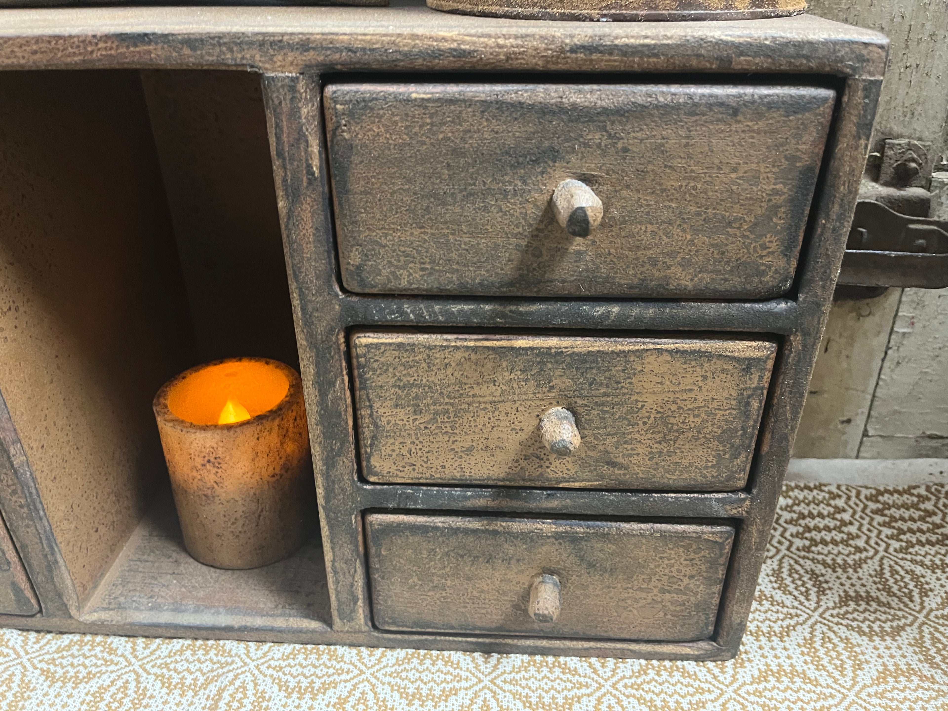 Primitive Wooden Four Drawer Cubby 21x11x7 Mustard