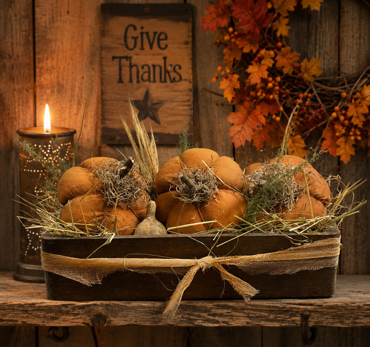 Primitive Pumpkins In Antique Sewing Box Gathering 14x8