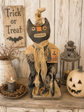 Primitive Grungy Cat Witch Doll On Stand 20x5