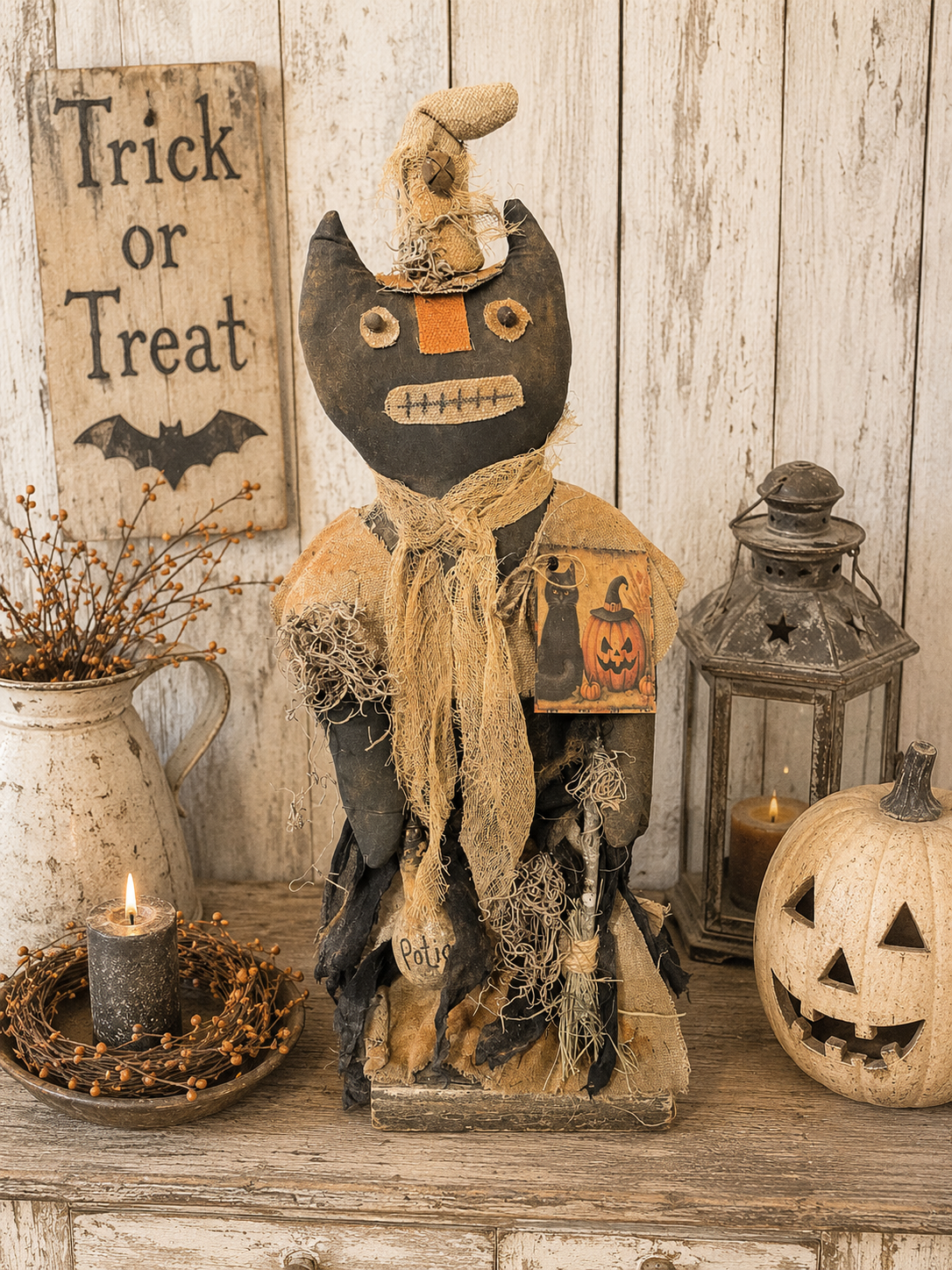 Primitive Grungy Cat Witch Doll On Stand 20x5