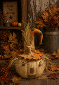 Primitive Fall Halloween Polka Hat Pumpkin Scarecrow Sitter 15x10