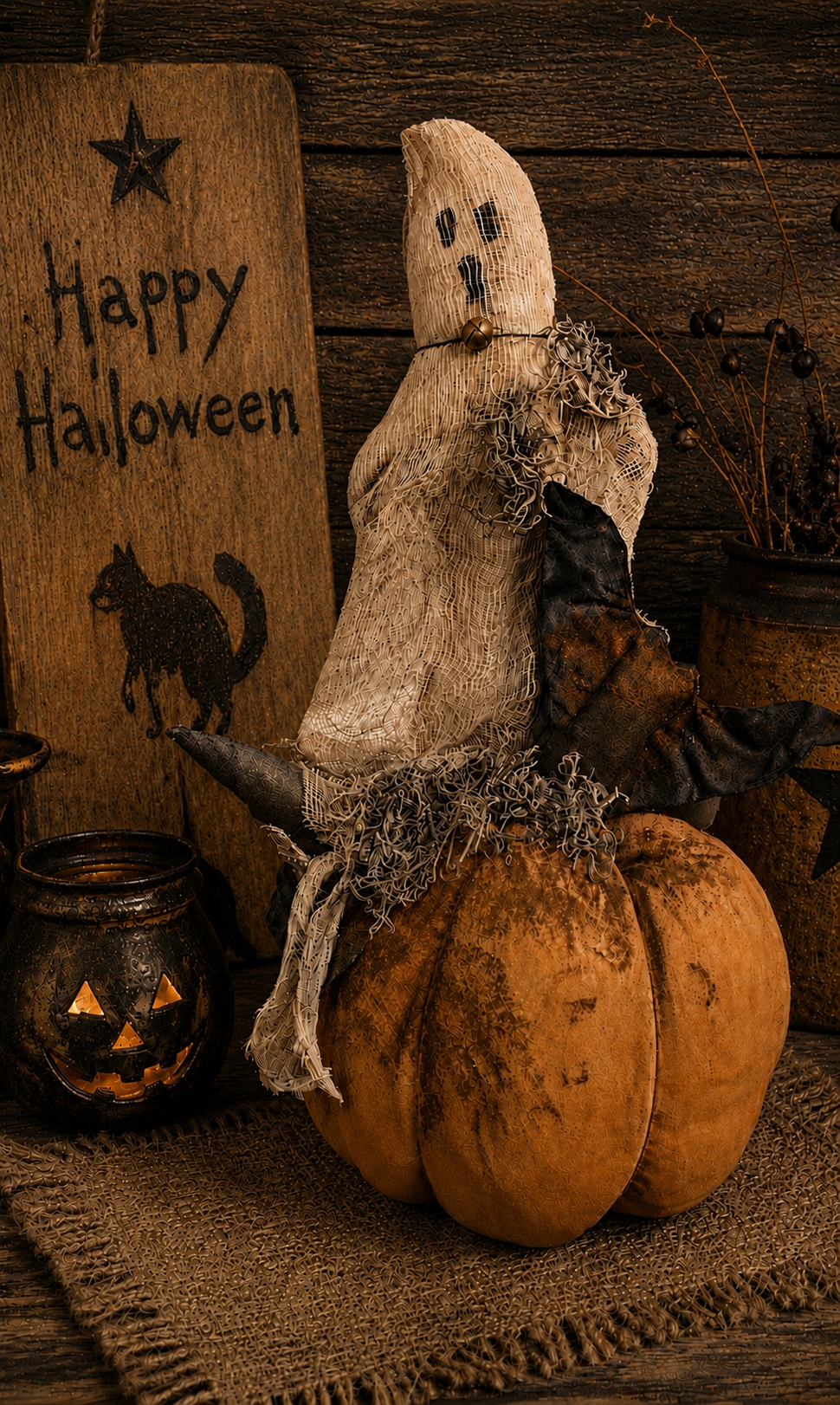 Primitive Ghost Hat And Bat Pumpkin Gathering 22x10