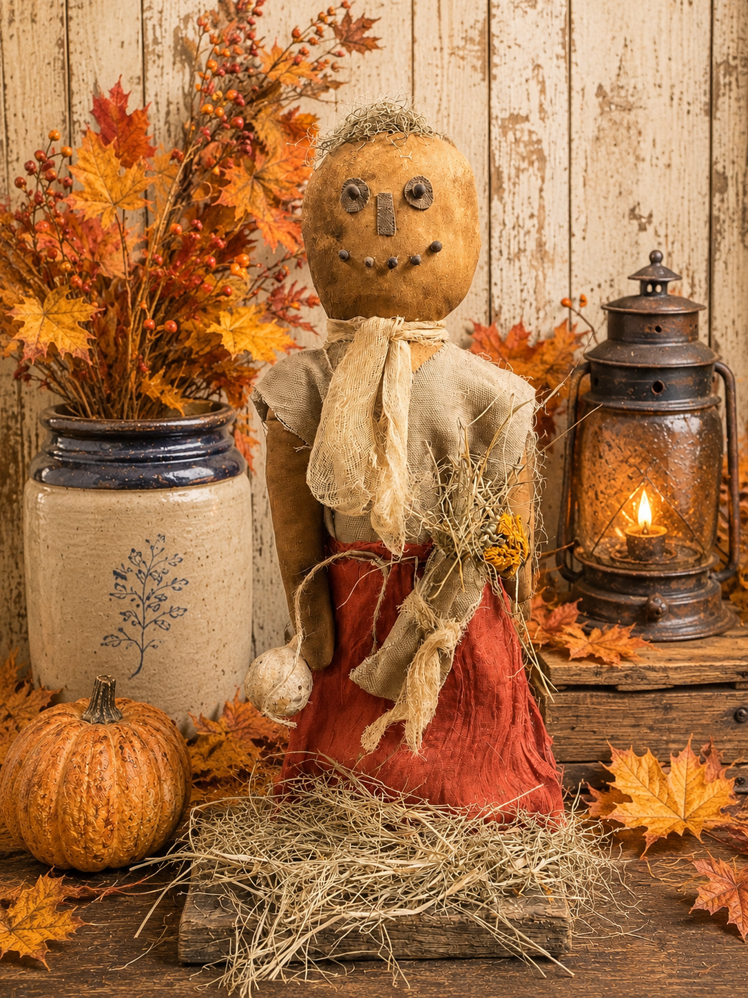 Primitive Grungy Pumpkin Girl Doll On Stand 22x5