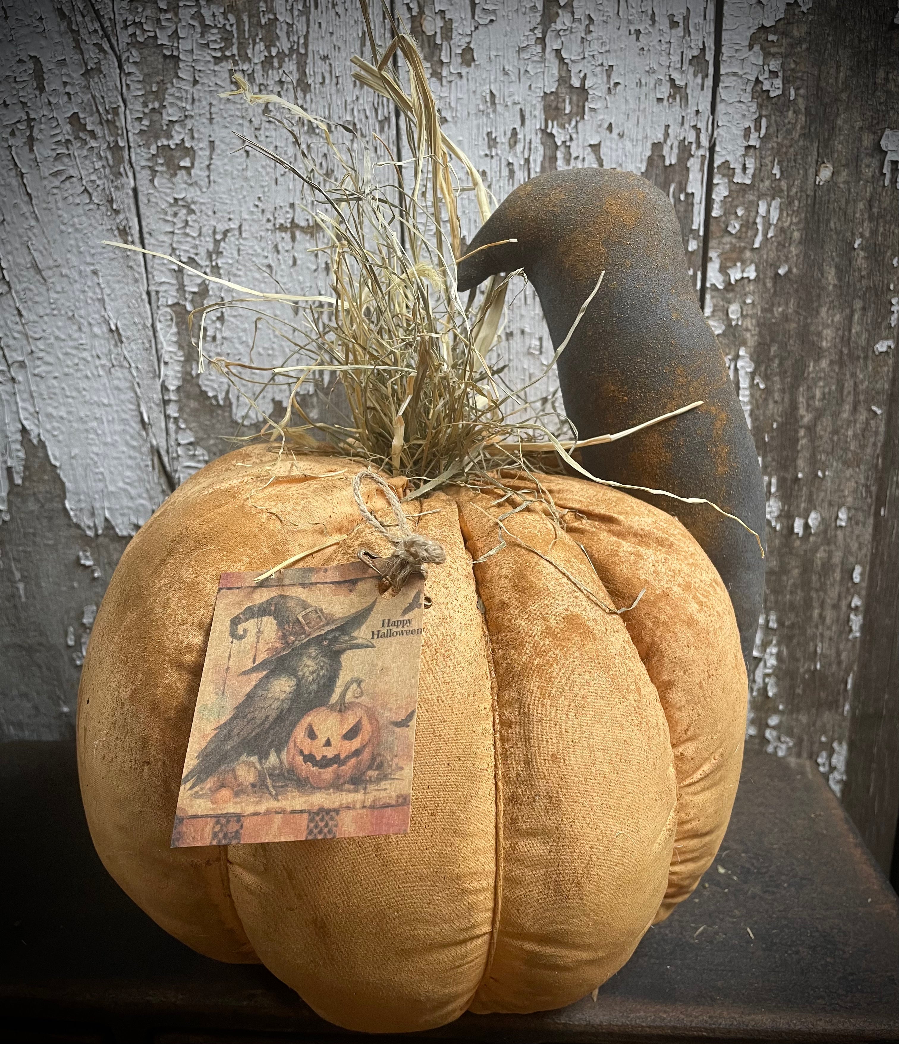 Primitive Orange Pumpkin With Crow Sitter 13x10