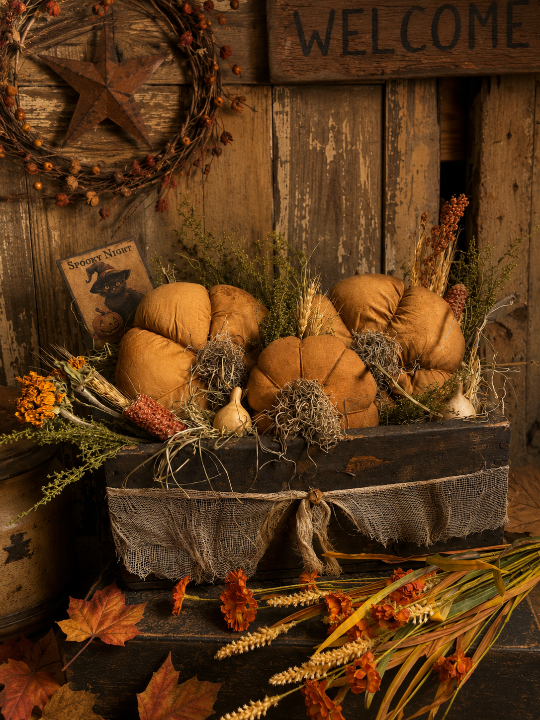 Primitive Pumpkins In Antique Box Gathering 15x11