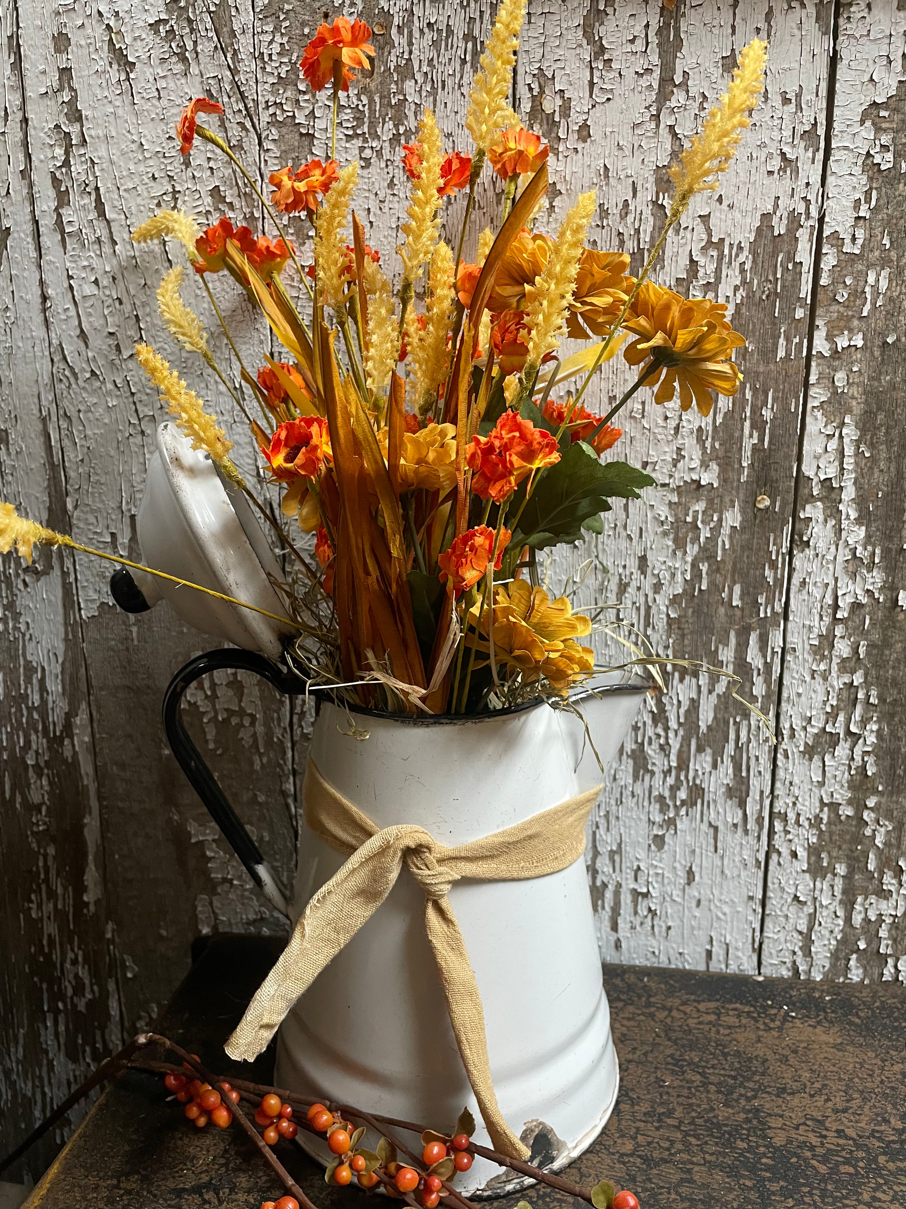 Primitive Flowers In Antique Enamelware Tea Pot Gathering 16x9