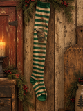Primitive Christmas Green/White Stocking With Tag 24x3