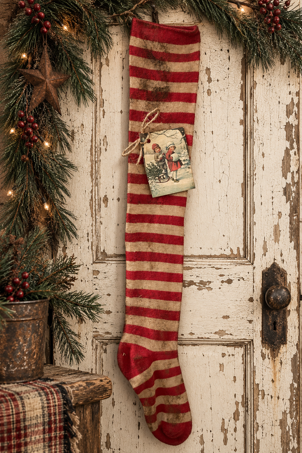 Primitive Christmas Red/White Stocking With Tag