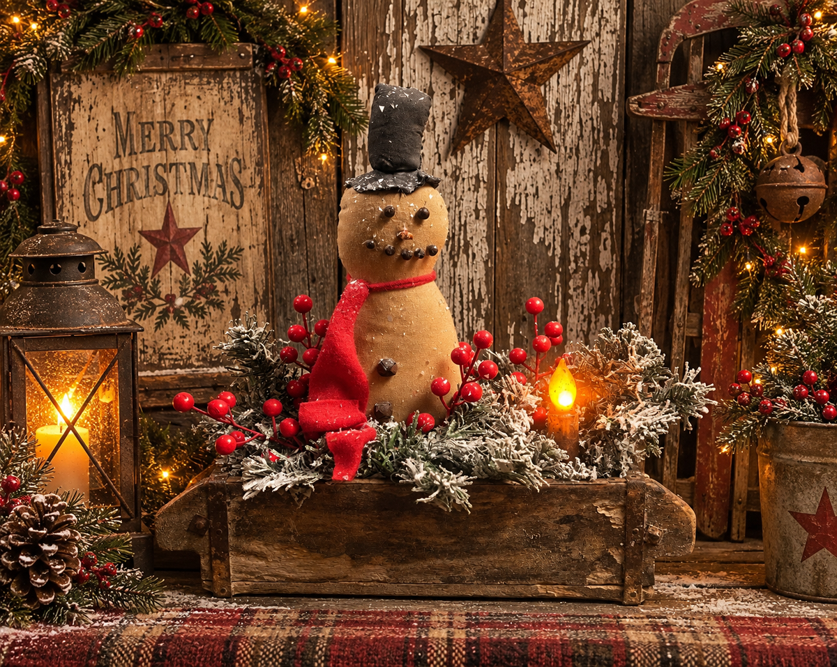 Primitive Snowman In Brick Mold Gathering 14x15