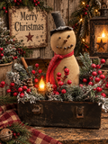 Primitive Snowman In Antique Lunch Box Gathering 10x15