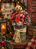 Primitive Snowman In Antique Sifter Gathering 6x11