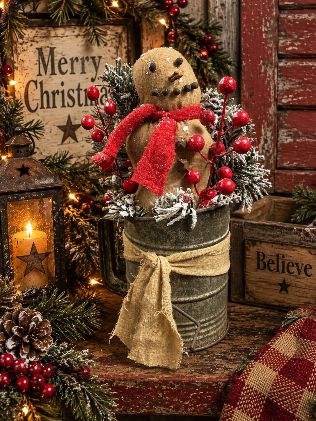 Primitive Snowman In Antique Sifter Gathering 6x11