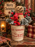 Primitive Snowman In Antique Toy Shop Bucket Gathering 10x4