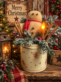 Primitive Gingerbread Man In Antique Flour Canister Gathering 13x8