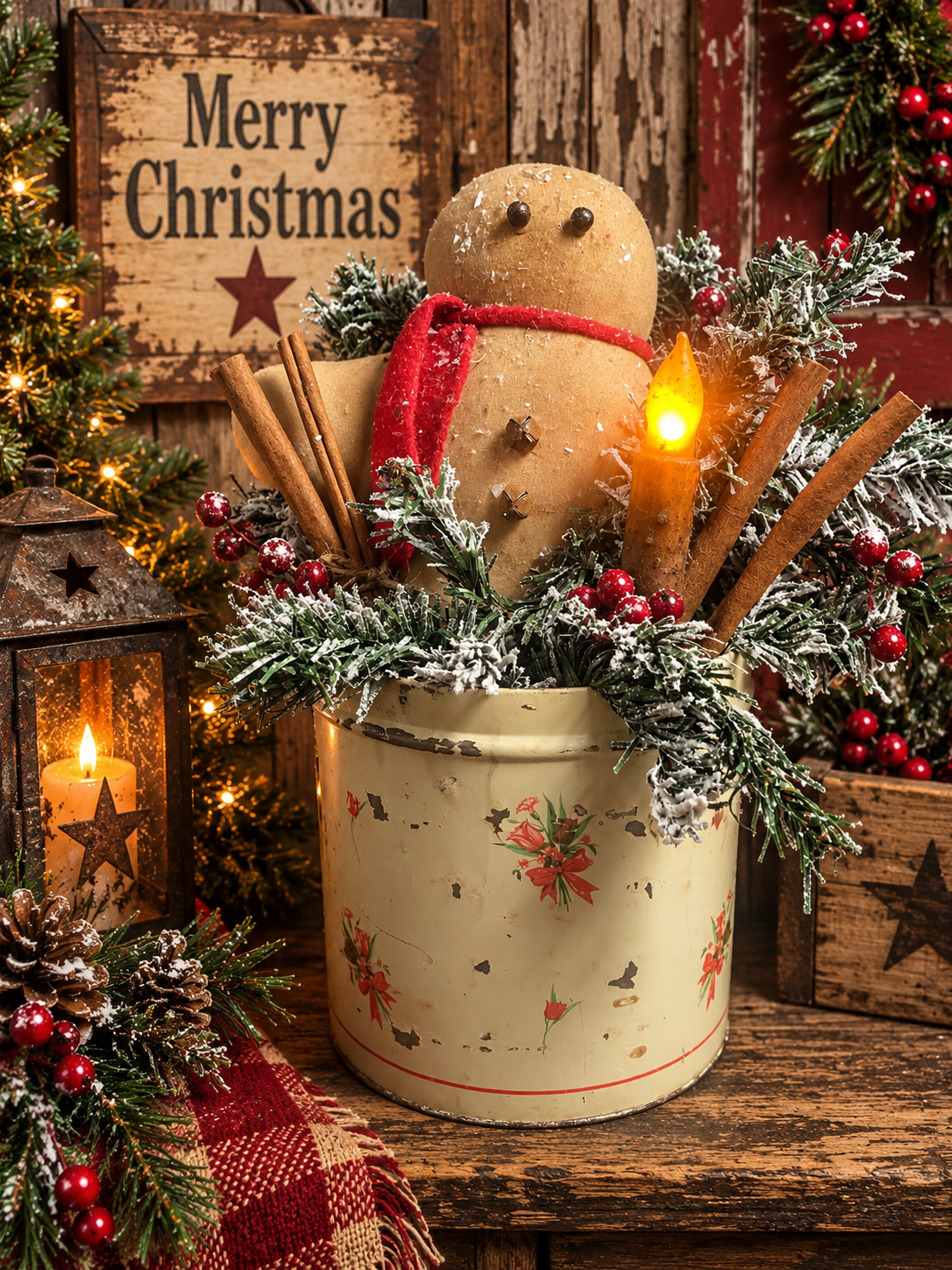 Primitive Gingerbread Man In Antique Flour Canister Gathering 13x8