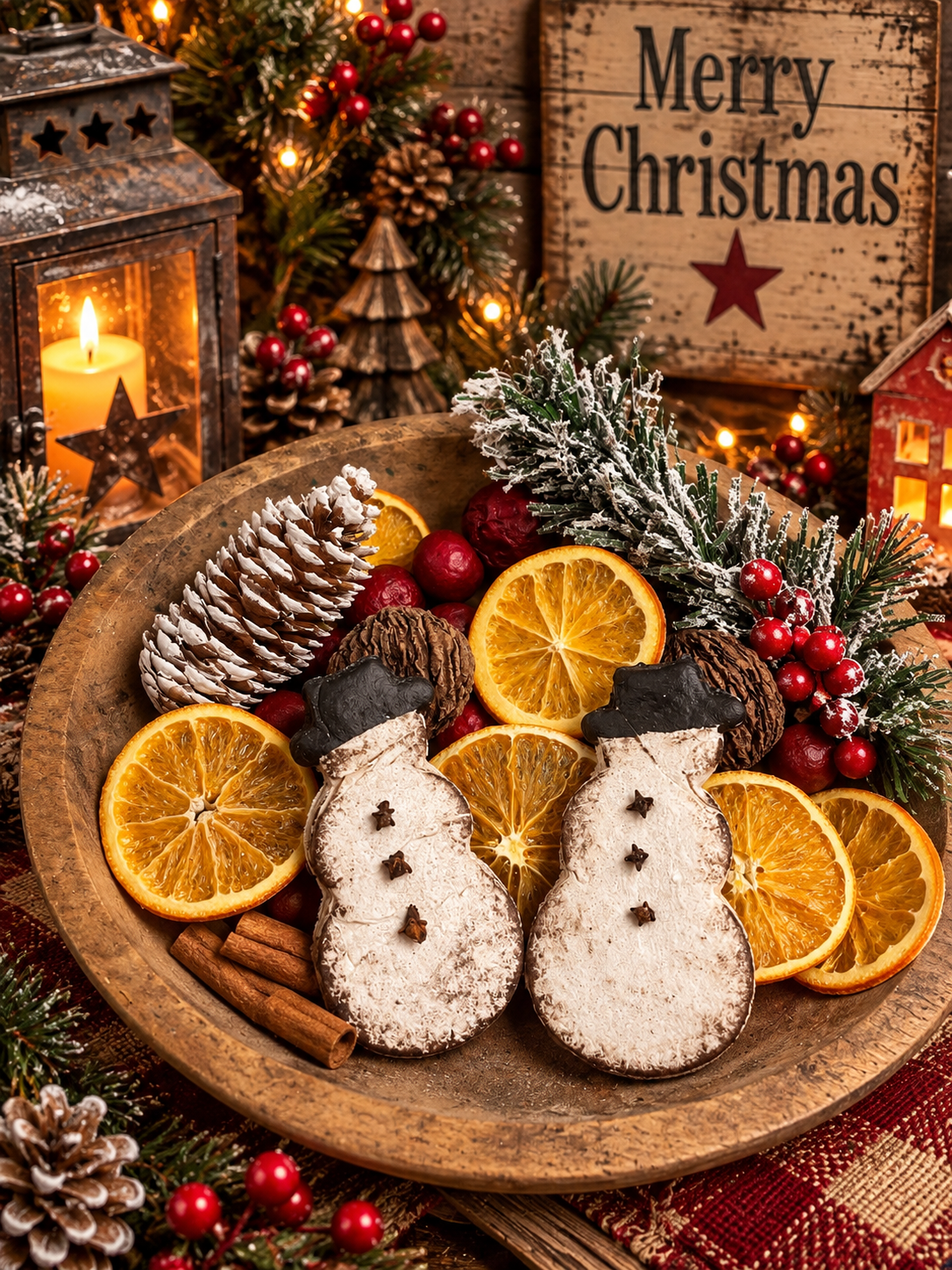 Primitive Snowmen Salt Dough With Dried Goods Bowl Fillers
