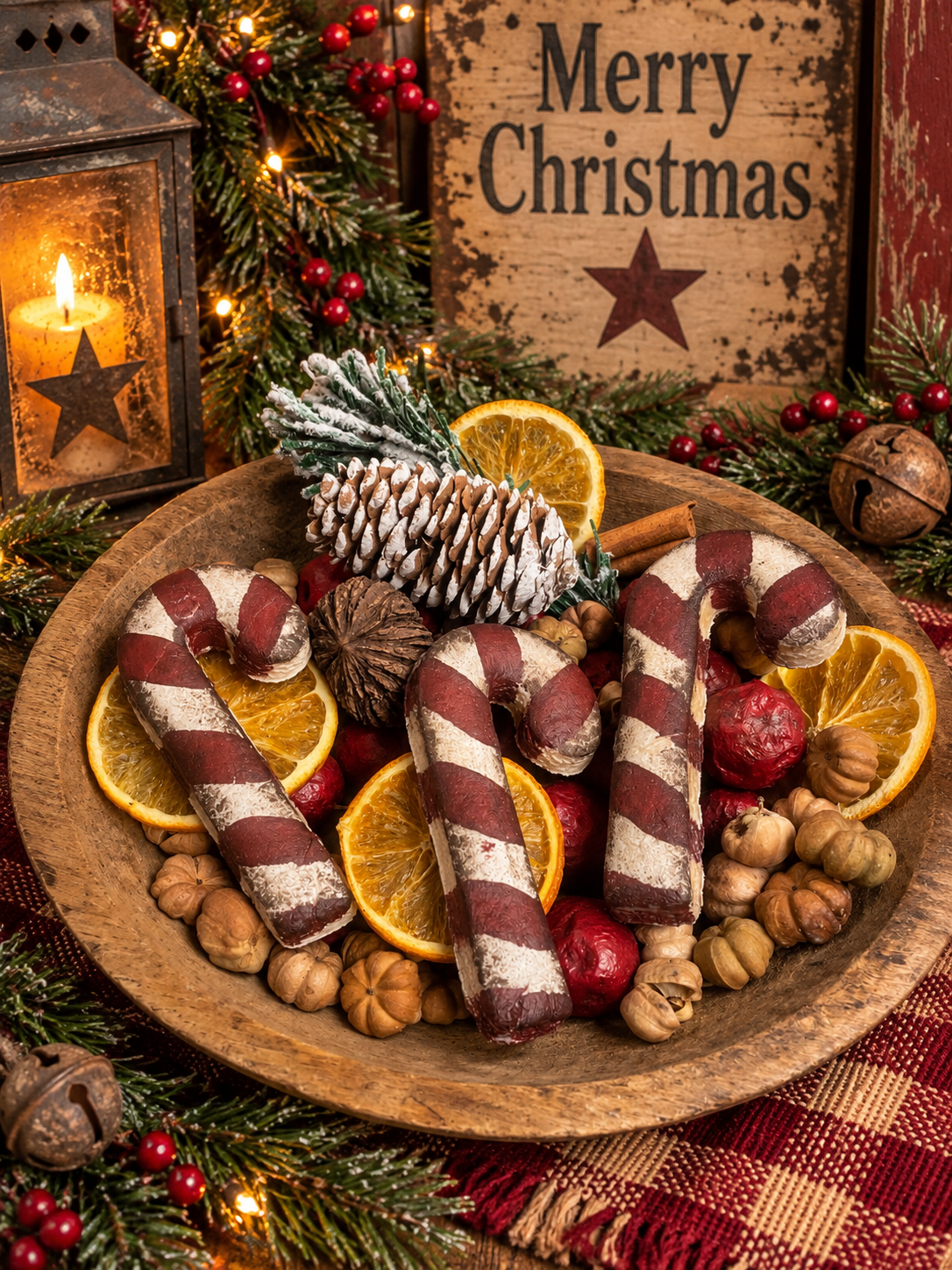 Primitive Candy Cane Salt Dough With Dried Goods Bowl Fillers