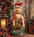 Primitive Snowman Doll With Santa Hat On Stand 20x5