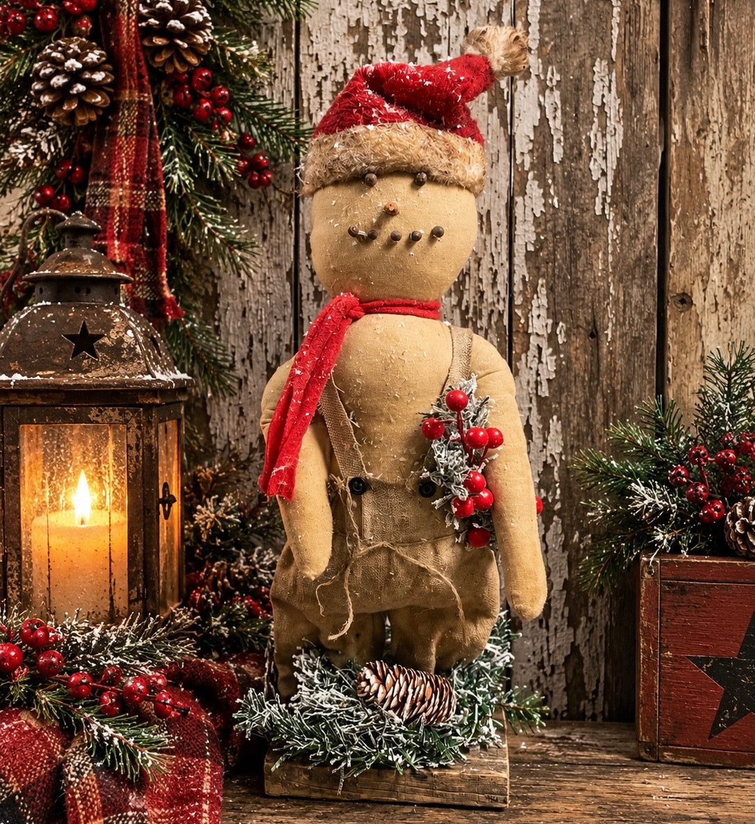 Primitive Snowman Doll With Santa Hat On Stand 20x5