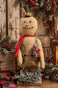 Primitive Snowman Doll With Black Hat On Stand 20x5