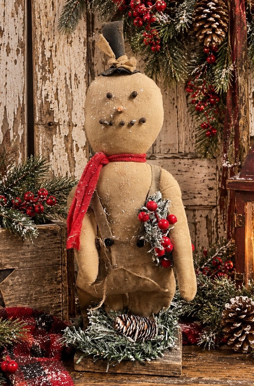 Primitive Snowman Doll With Black Hat On Stand 20x5