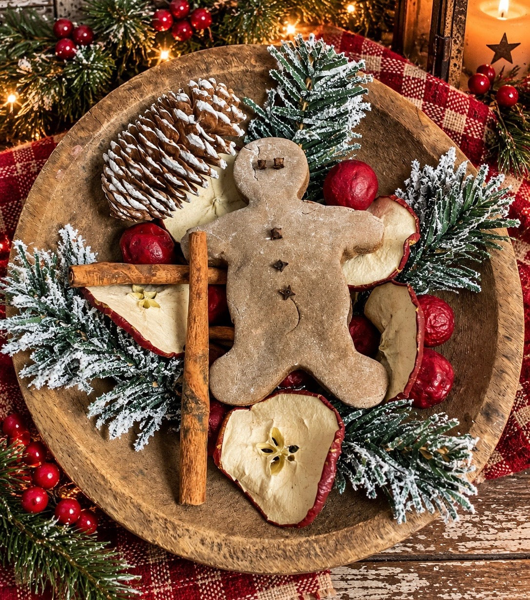 Primitive Salt Dough Gingerbread Man With Dried Goods Bowl Fillers