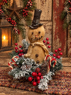 Primitive Snowman In Antique Strainer Gathering 11x15
