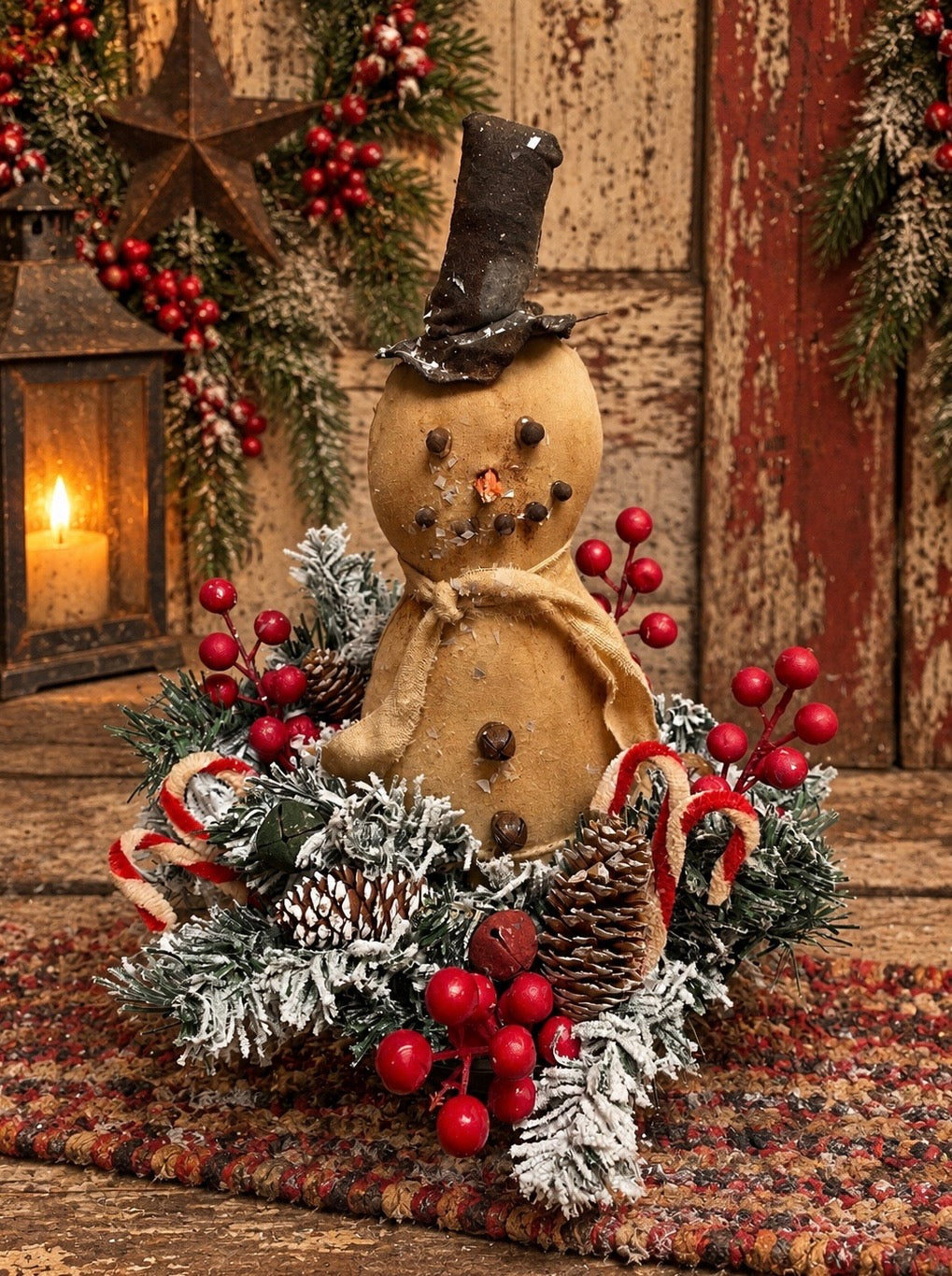 Primitive Snowman In Antique Strainer Gathering 11x15