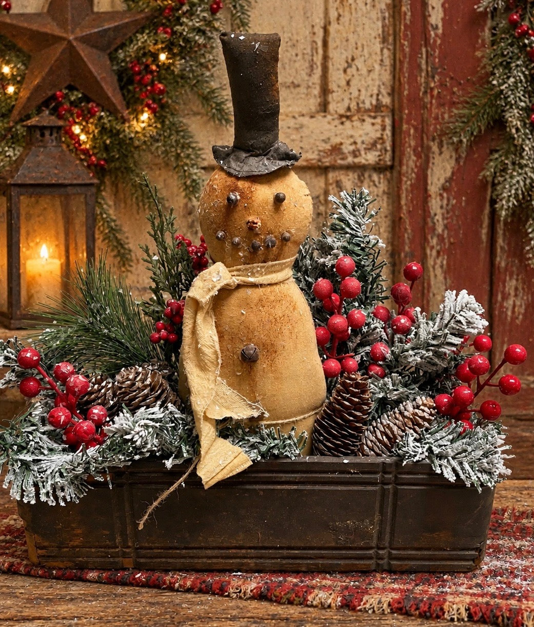 Primitive Snowman In Antique Sewing Drawer Gathering 14x15