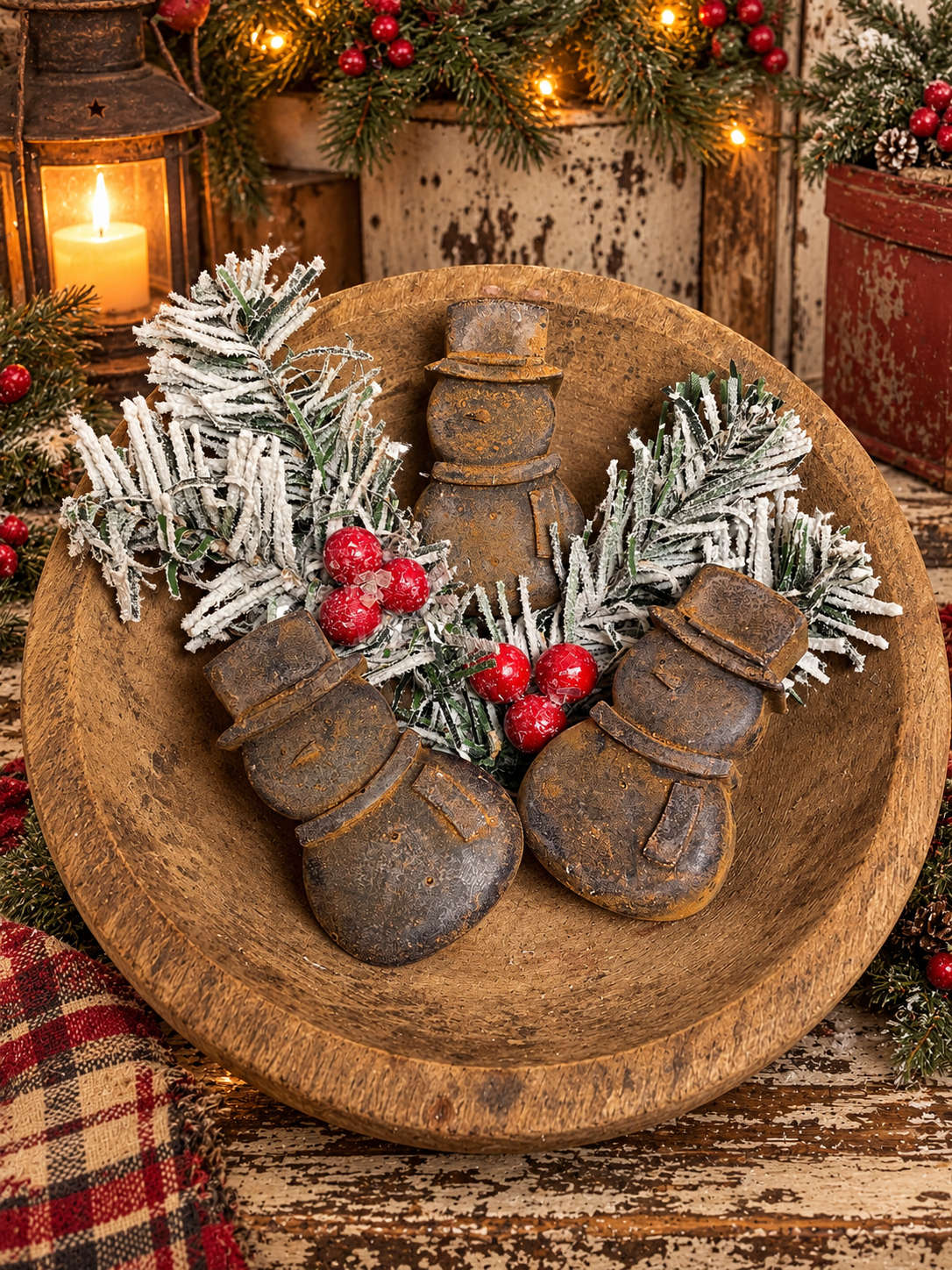 3 Primitive Blackened Wax Snowmen Bowl Fillers 4x2