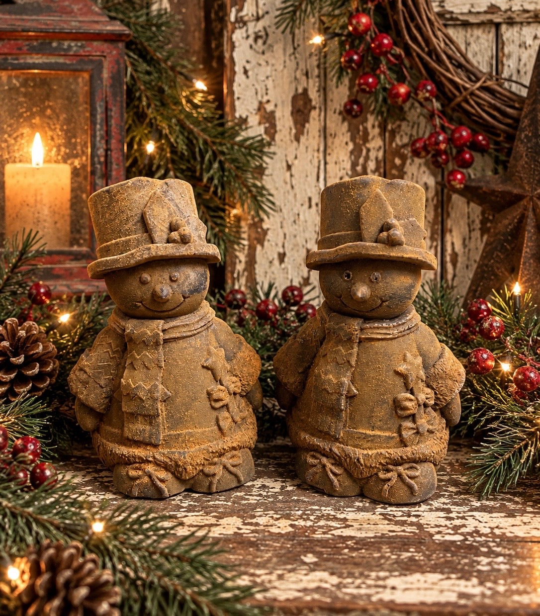 2 Primitive Blackened Wax Snowmen Bowl Fillers 4x3