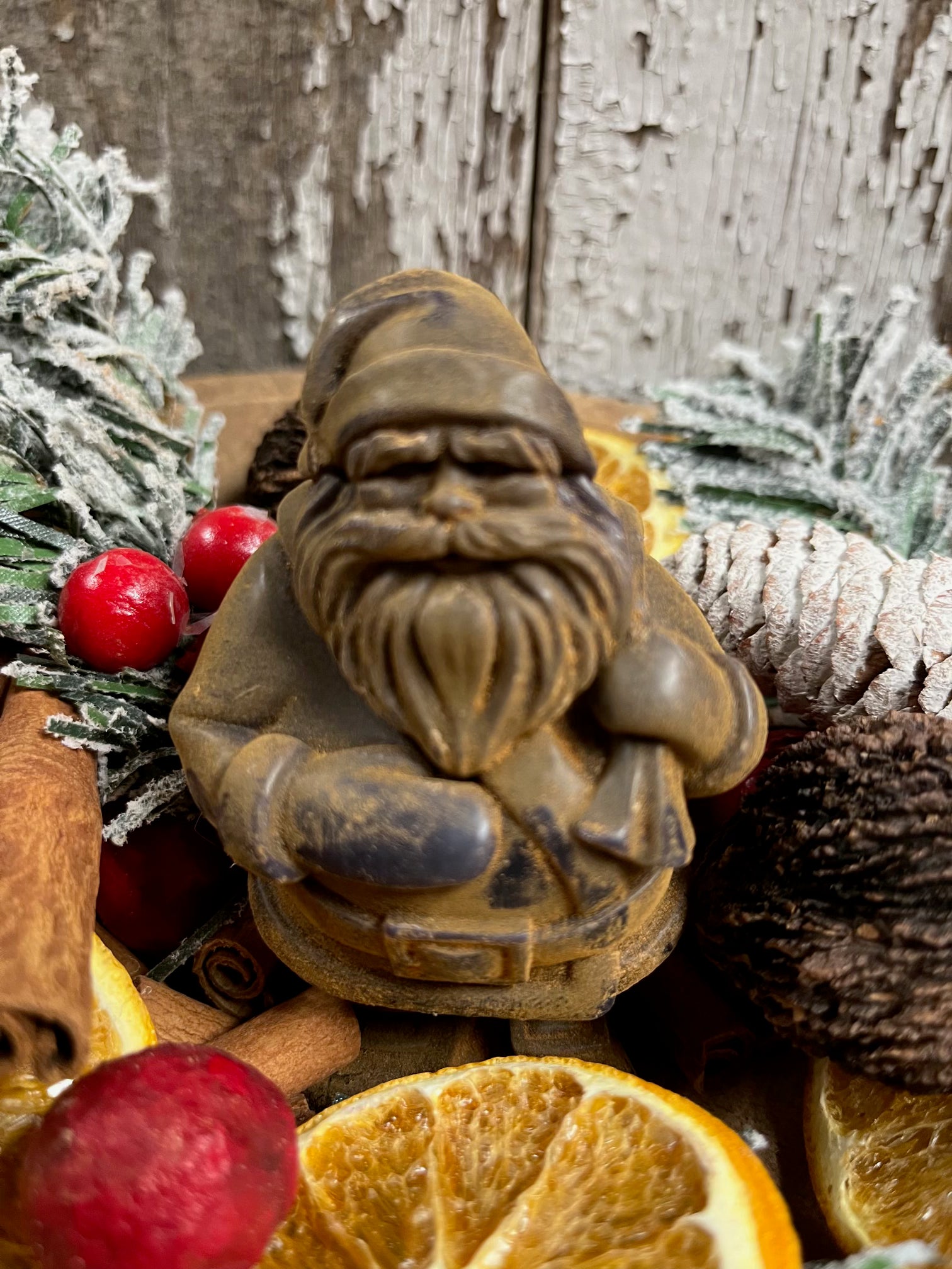 Primitive Blackened Wax Santa With Dried Goods Bowl Fillers 4x3