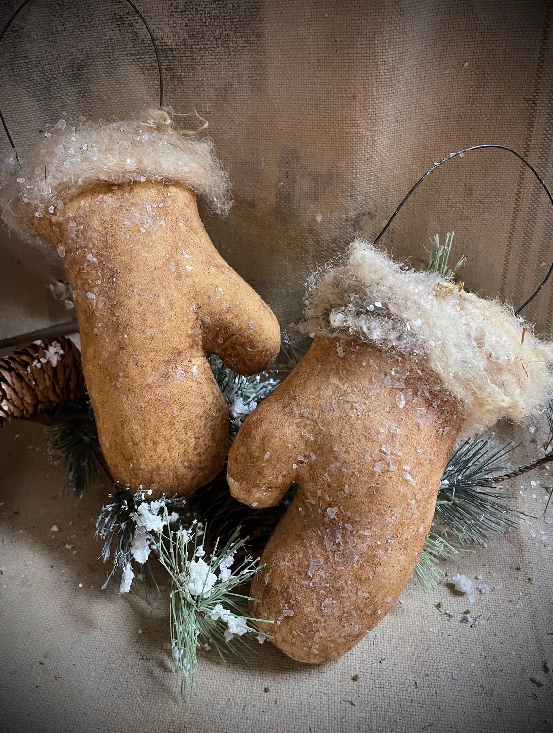 2 Small Primitive Christmas Winter Set of Tan Mitten Hangers Bowl Fillers 7x4