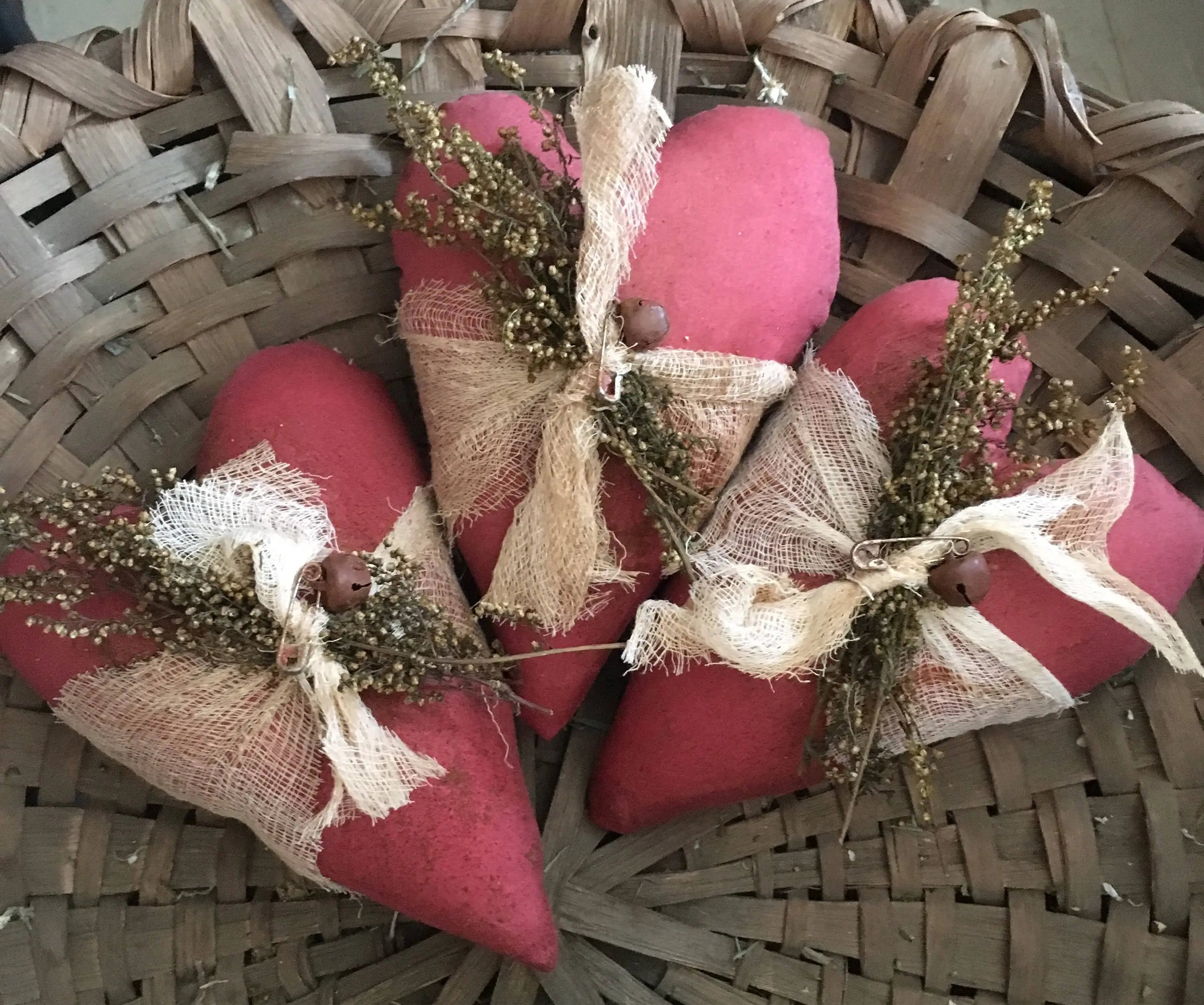 Primitive Handmade Valentines Cheesecloth Hearts Red 7x6 Set of 3,6 or 12