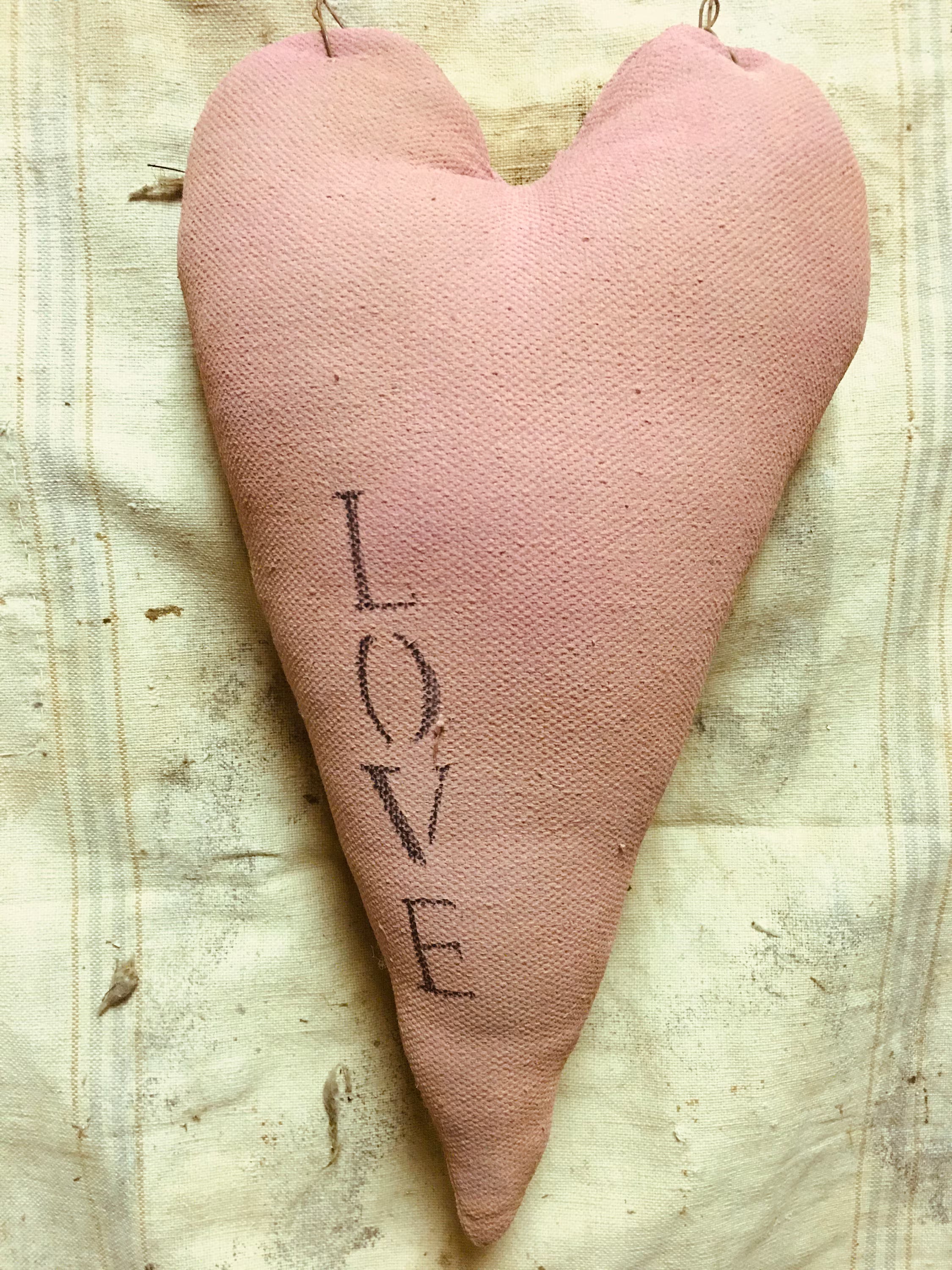 Primitive Handmade Grungy Valentines Heart Door Hanger Pink 18x11