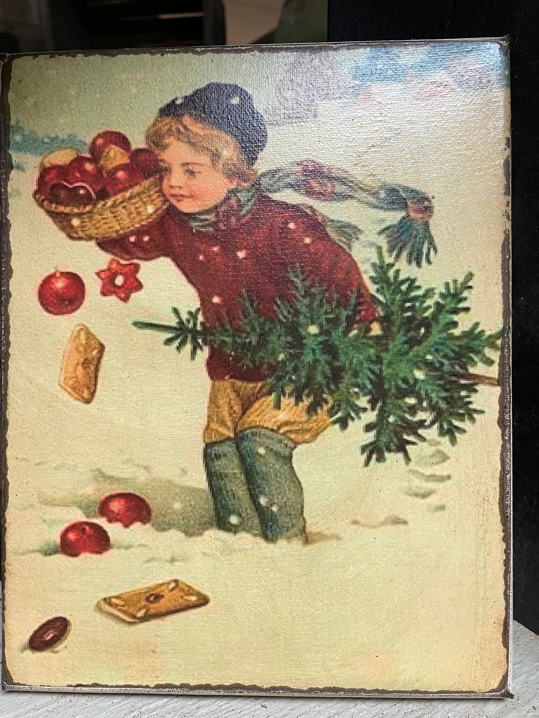 Primitive Winter Christmas Grungy Decorative Canvas Print 8x10