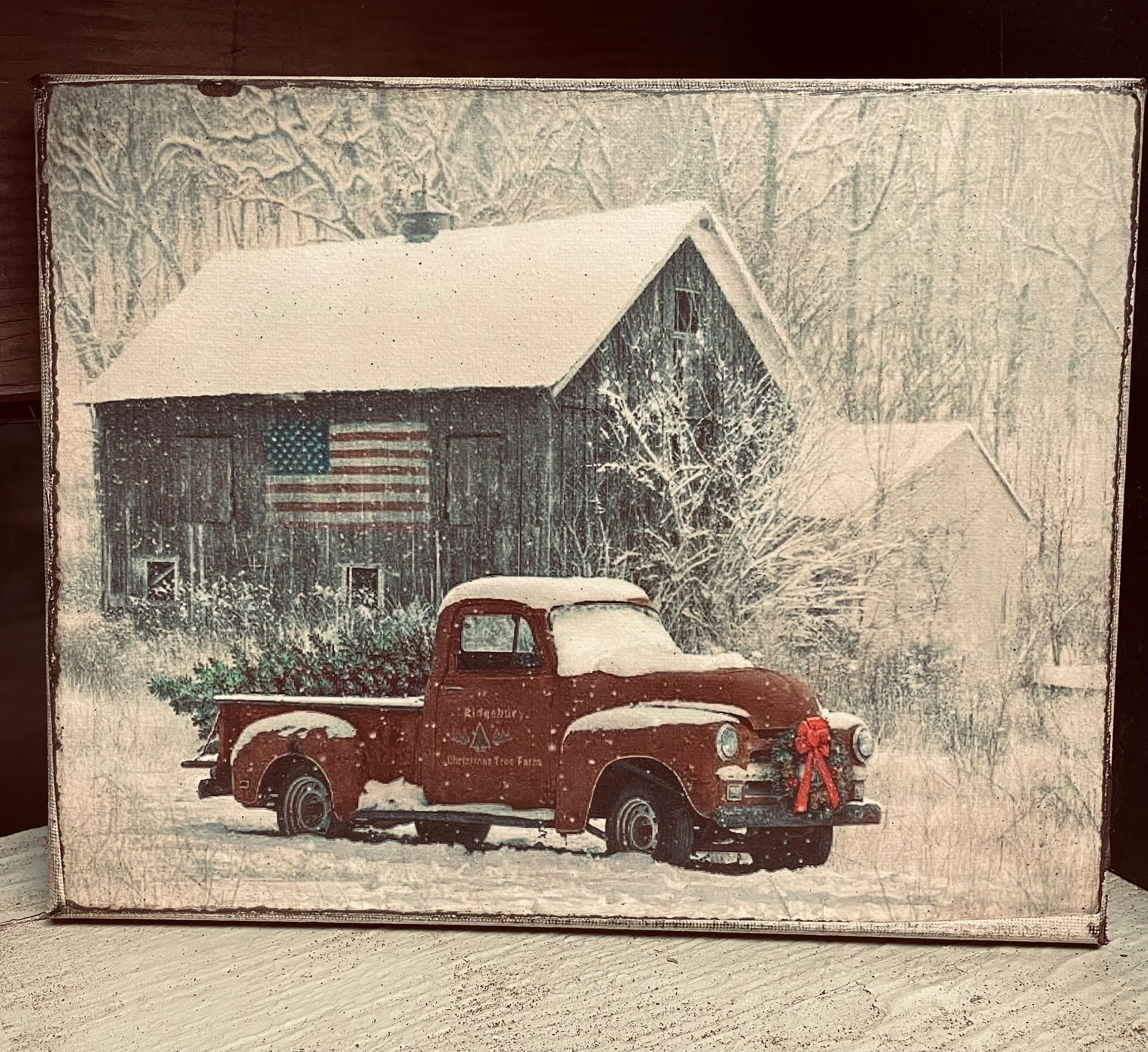 Primitive Winter Christmas Grungy Decorative Truck Canvas Print 8x10